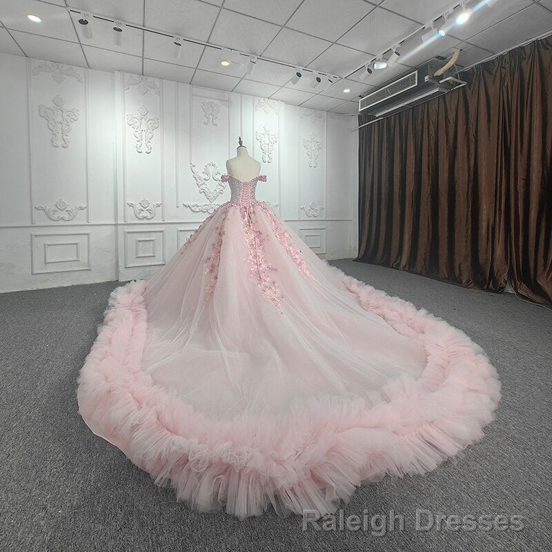 Quinceanera Ball Gowns Off-the-Shoulder Sequined Pink Dress