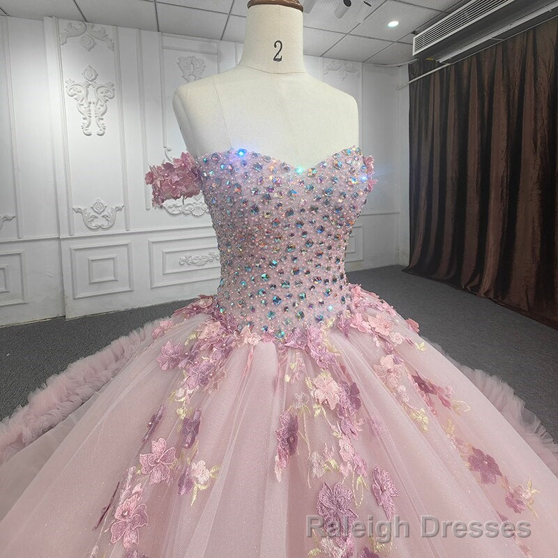 Quinceanera Ball Gowns Off-the-Shoulder Sequined Pink Dress