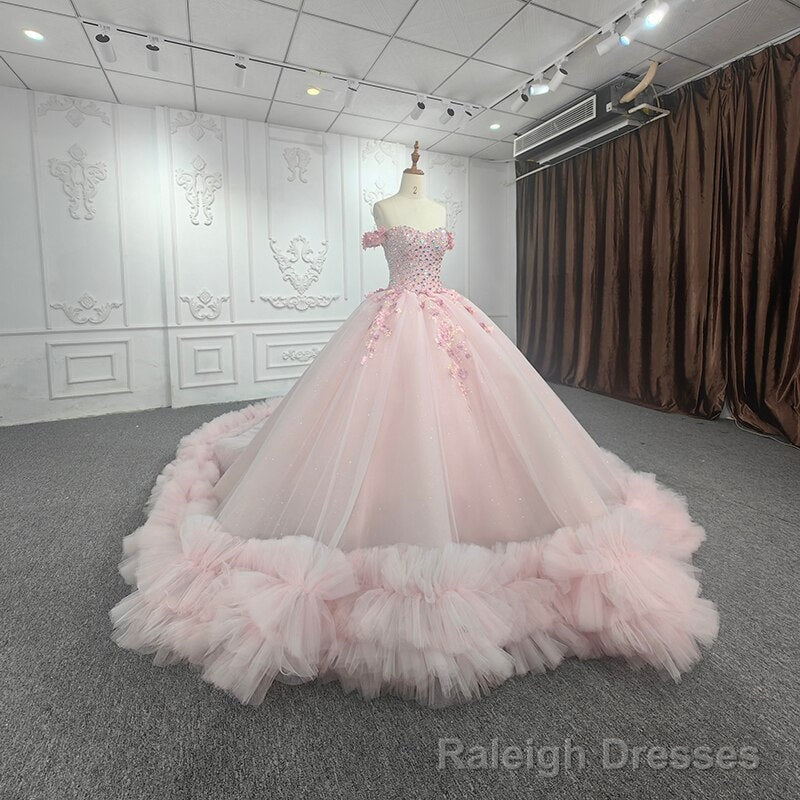 Quinceanera Ball Gowns Off-the-Shoulder Sequined Pink Dress