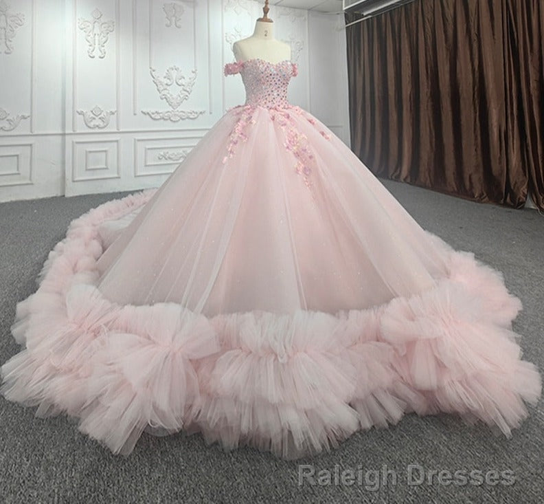 Quinceanera Ball Gowns Off-the-Shoulder Sequined Pink Dress