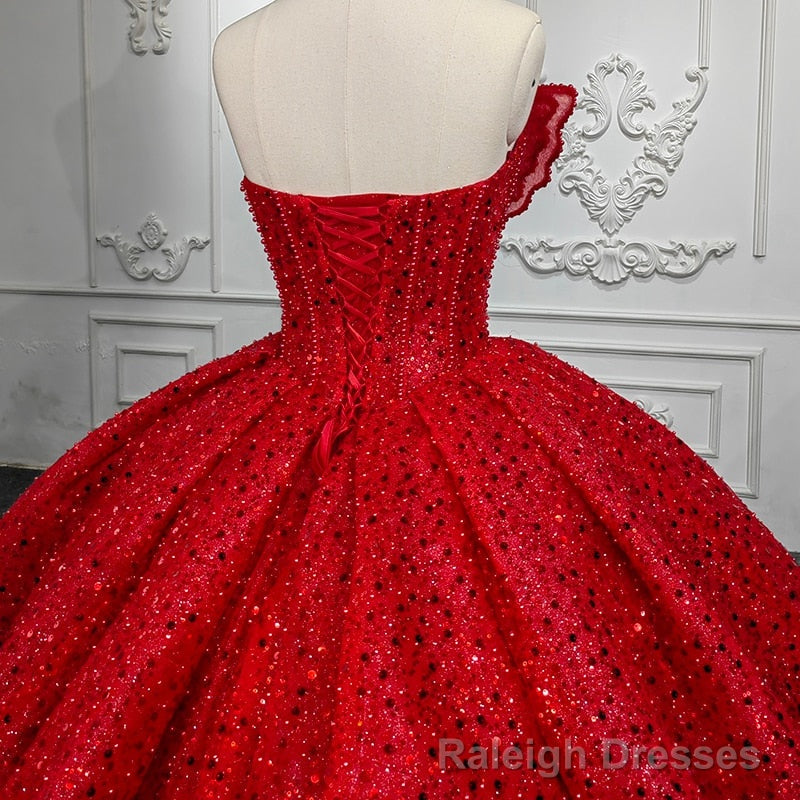Quinceanera Ball Gowns Red Sleeveless Sequined Dress