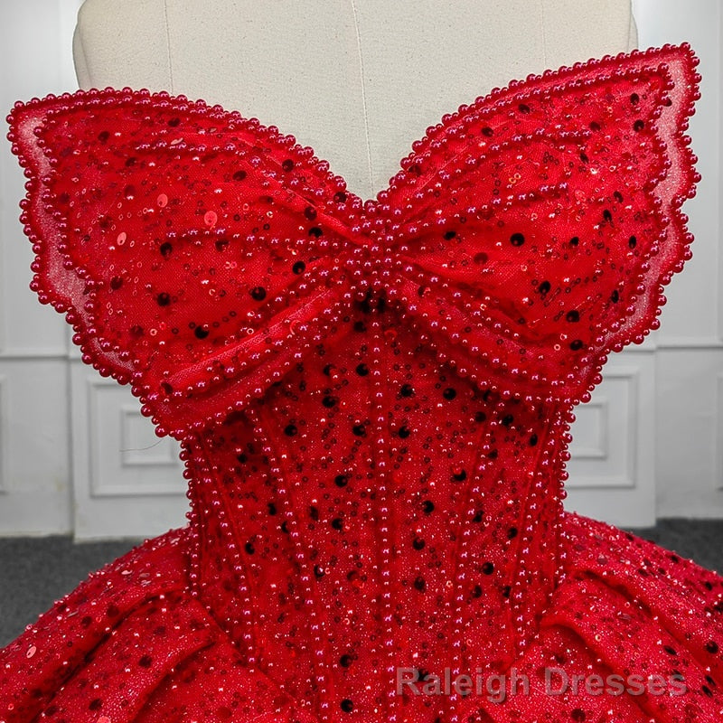 Quinceanera Ball Gowns Red Sleeveless Sequined Dress