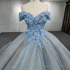Quinceanera Blue  Off-the-Shoulder  Ball Gown Flower Dress