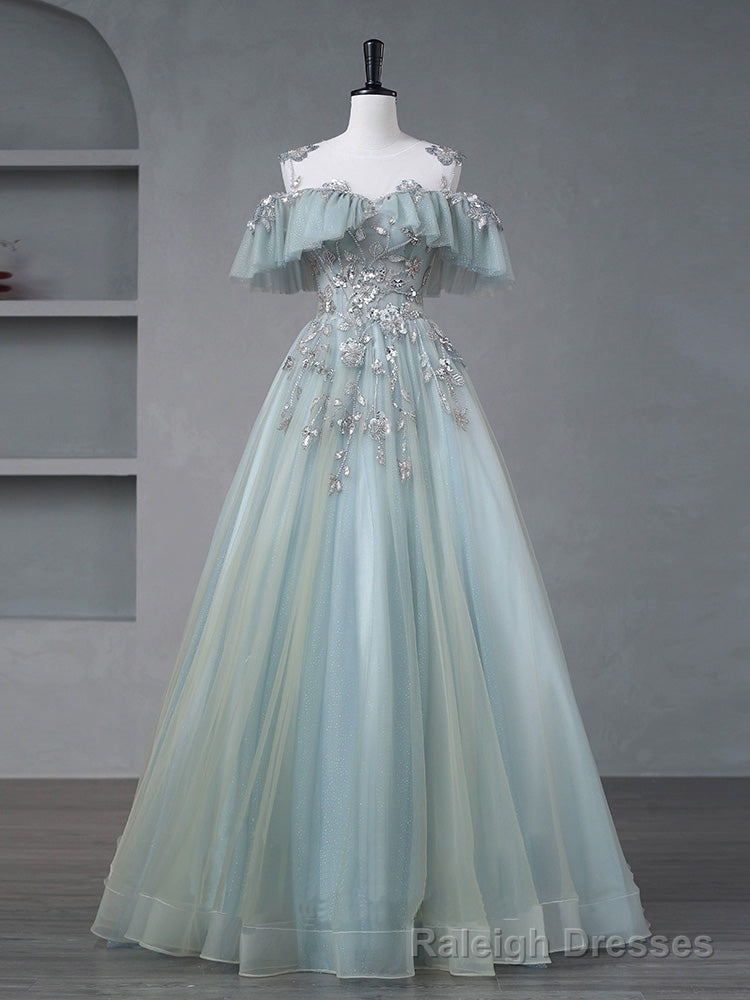 Quinceanera Dress A Line Blue Tulle sequin Lace Long Prom Dress Blue Lace Sweet Dress