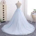 Quinceanera Dress Ball Gown Chapel Train V Neck Sleeveless Backless Appliques Prom Dresses