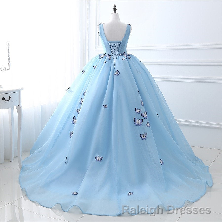 Quinceanera Dress Blue Butterfly Flowers Lace Up Ball Gowns Long Prom Dresses Secondary image