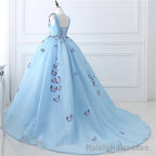 Quinceanera Dress Blue Butterfly Flowers Lace Up Ball Gown Long Prom Dresses