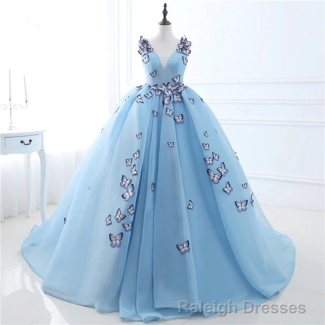 Quinceanera Dress Blue Butterfly Flowers Lace Up Ball Gown Long Prom Dresses