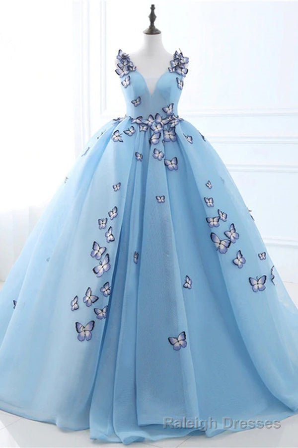 Quinceanera Dress Blue Butterfly Flowers Lace Up Ball Gown Long Prom Dresses