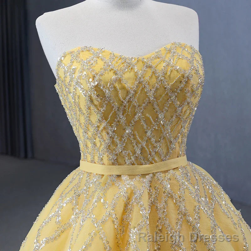 Quinceanera Dress Elegant Yellow Strapless Sequins Ball Gowns Lace Up Pleated Prom Dress