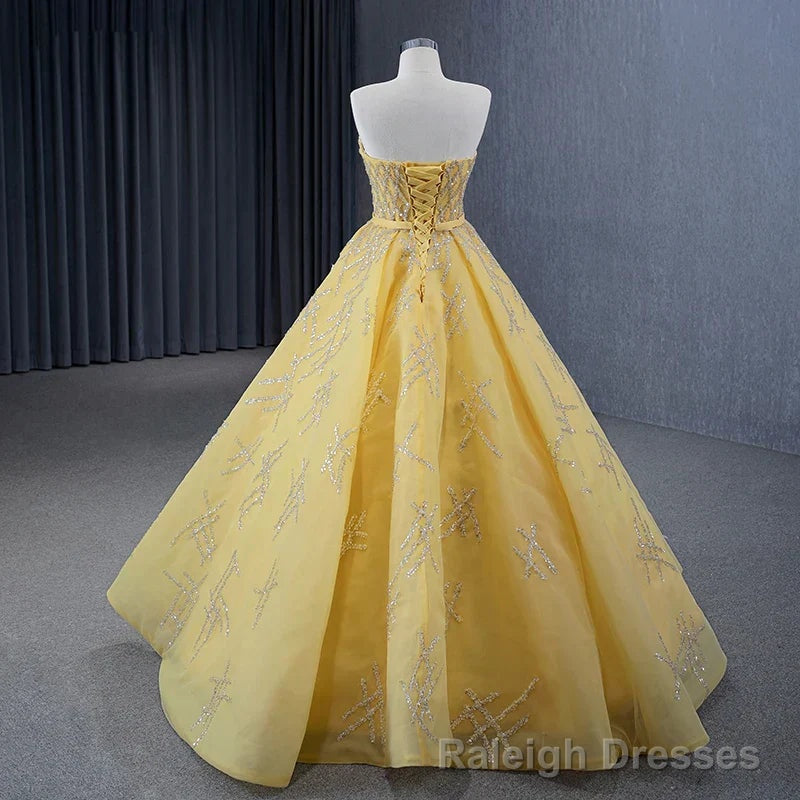 Quinceanera Dress Elegant Yellow Strapless Sequins Ball Gown Lace Up Pleated Evening Dress