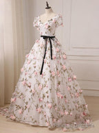 Quinceanera Dress Gorgeous V Neck 3D Floral Lace Ball Gowns Long Prom Dresses