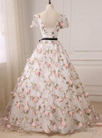 Quinceanera Dress Gorgeous V Neck 3D Floral Lace Ball Gowns Long Prom Dresses