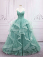 Quinceanera Dress Green V Neck Tulle Long Prom Dress Green Sweet Dress