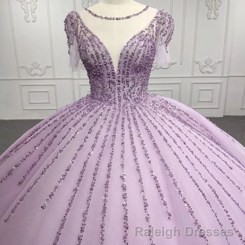 Quinceanera Dress Princess Sheer Neck Long Prom Dresses Short Sleeves Ball Gown