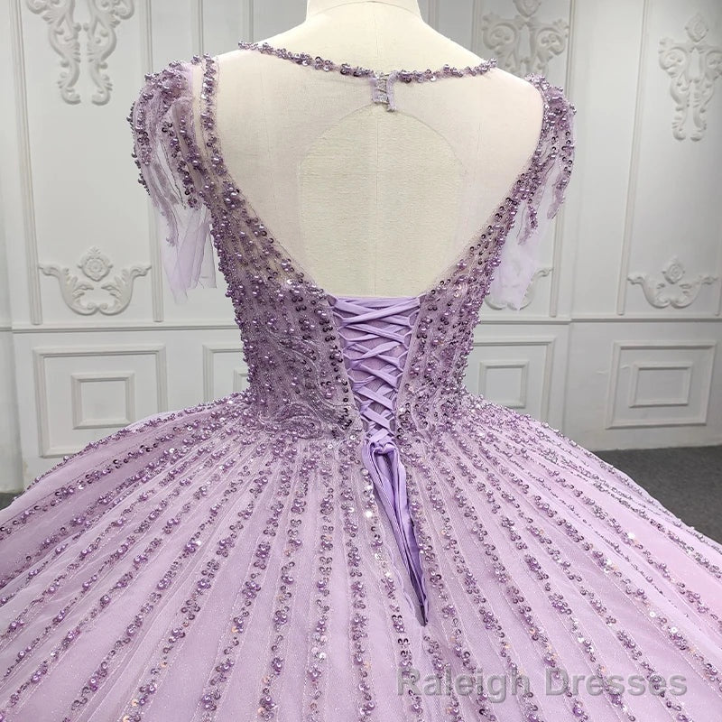 Quinceanera Dress Princess Sheer Neck Long Prom Dresses Short Sleeves Ball Gowns