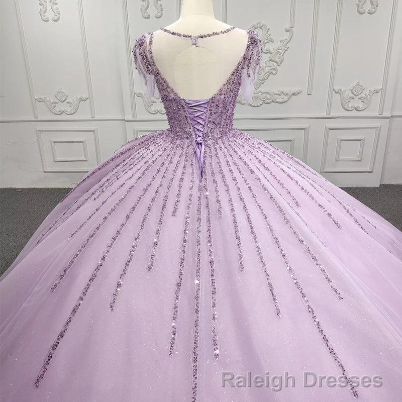 Quinceanera Dress Princess Sheer Neck Long Prom Dresses Short Sleeves Ball Gowns