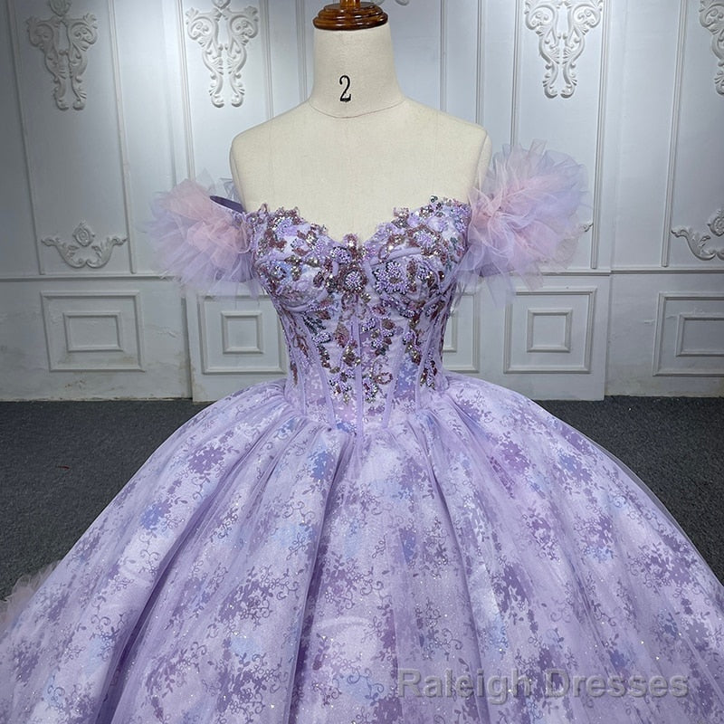 Quinceaera lace  Off-the-Shoulder Ball Gown Purple Sequined Dress