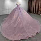 Quinceanera Purple Off-the-Shoulder Ball Gowns Flower Dress