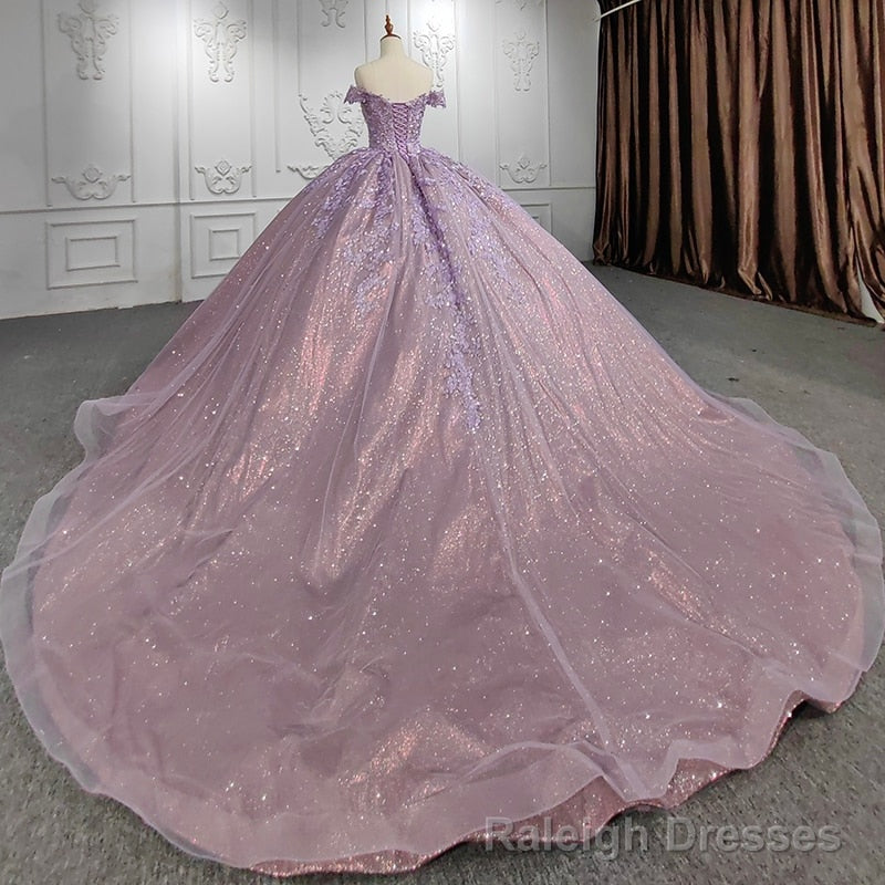 Quinceanera Purple Off-the-Shoulder Ball Gowns Flower Dress
