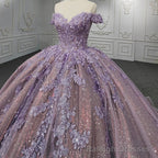 Quinceanera Purple Off-the-Shoulder Ball Gowns Flower Dress