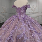 Quinceanera Purple Off-the-Shoulder Ball Gowns Flower Dress