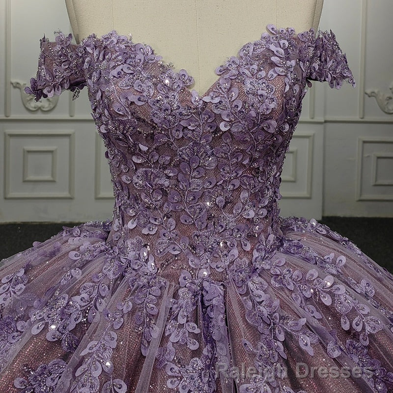 Quinceanera Purple Off-the-Shoulder Ball Gowns Flower Dress