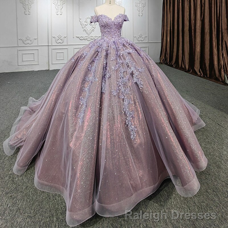 Quinceanera Purple Off-the-Shoulder Ball Gowns Flower Dress