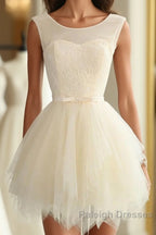 Cute A Line Tulle Round Neck Mini Prom Dress, Cheap Evening Dress