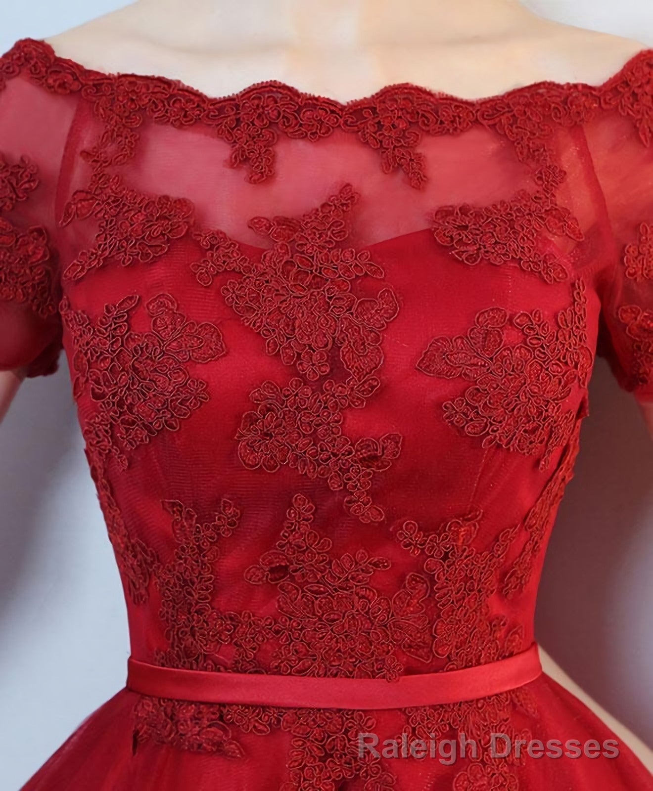 Burgundy Lace High Low Short Prom Dress, Lace Evening Dress Secondary image