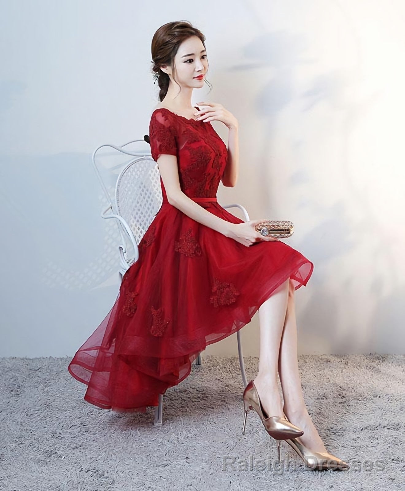 Burgundy Lace High Low Short Prom Dress, Lace Prom Dress Main image