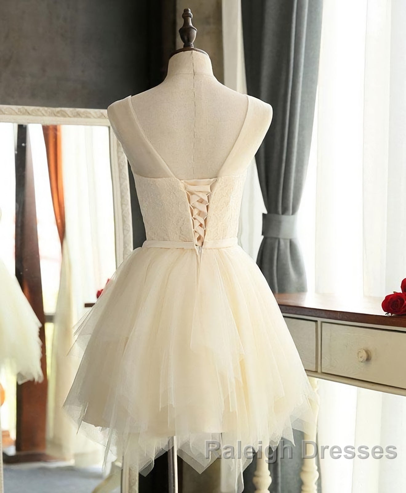 Cute A Line Tulle Round Neck Mini Prom Dress, Cheap Evening Dress Secondary image