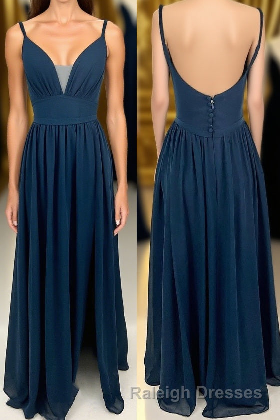 Navy Blue Chiffon A Line Long Bridesmaid Dresses with Buttons Main image
