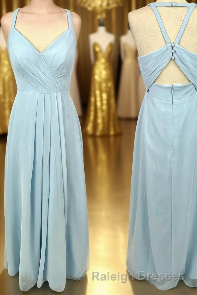 Halter Light Blue Chiffon A-line Long Bridesmaid Dress Main image