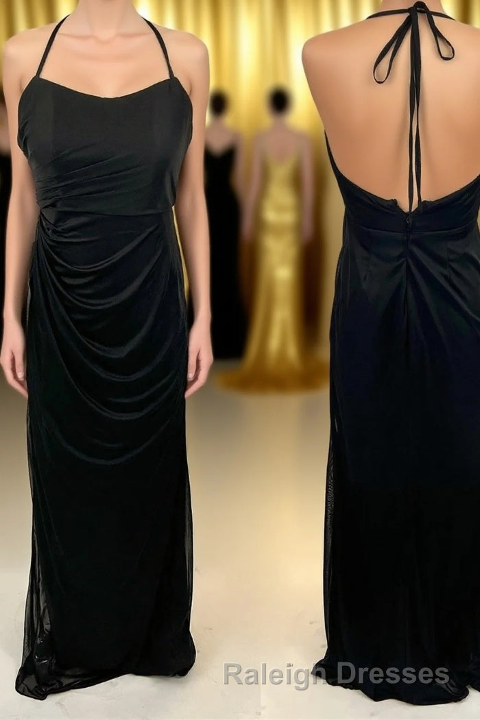 Halter Straps Black Mermaid Ruched Long Bridesmaid Dresses Main image
