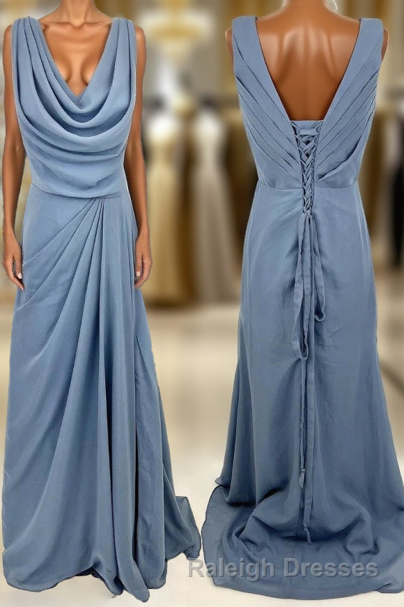 Cowl Neck Misty Blue Chiffon A-line Long Bridesmaid Dress