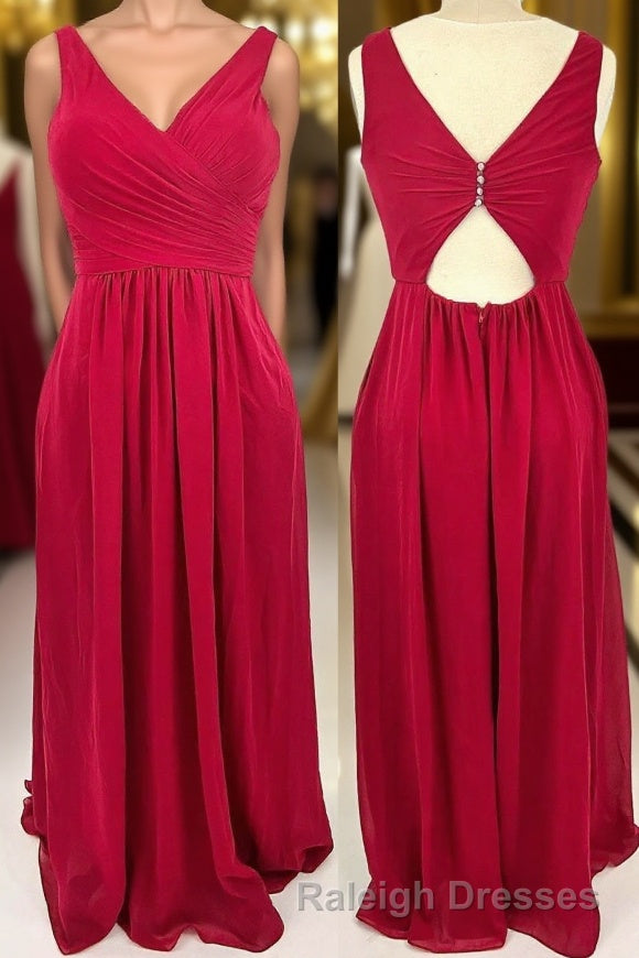 Ruched Red V Neck A-line Long Bridesmaid Dress