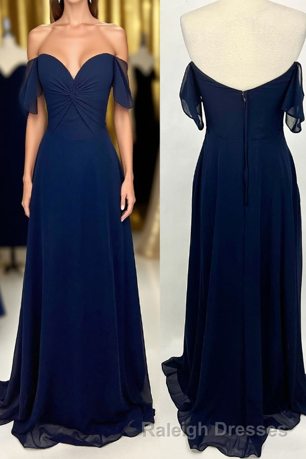 Knot Off the Shoulder Navy Blue Chiffon Long Bridesmaid Dress Main image