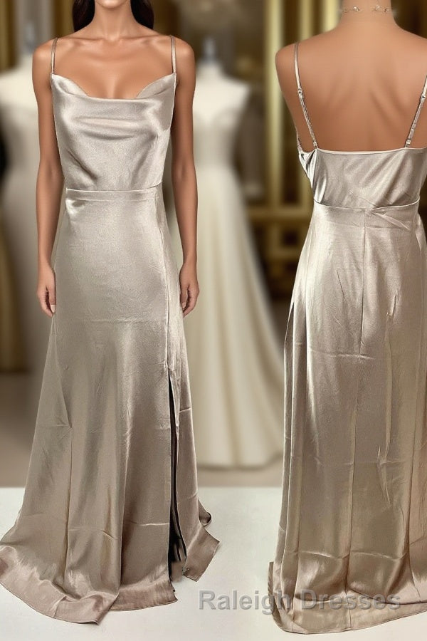 Cowl Neck Straps Long Bridesmaid Dress with Slit Main image