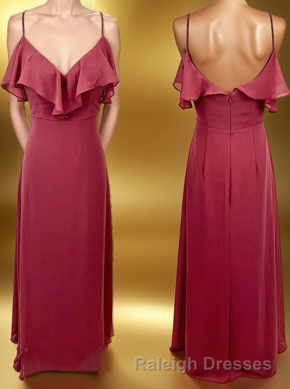 Straps Wine Red Chiffon Flounce Long Bridesmaid Dress