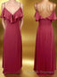 Straps Wine Red Chiffon Flounce Long Bridesmaid Dress