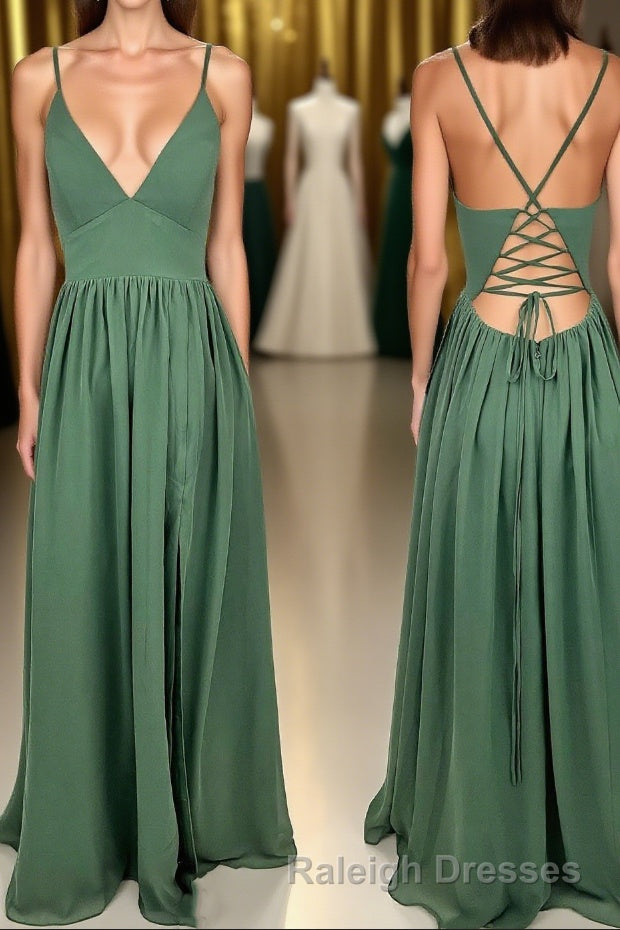 Straps Green A Line Long Prom Dresses with Lace Up Back