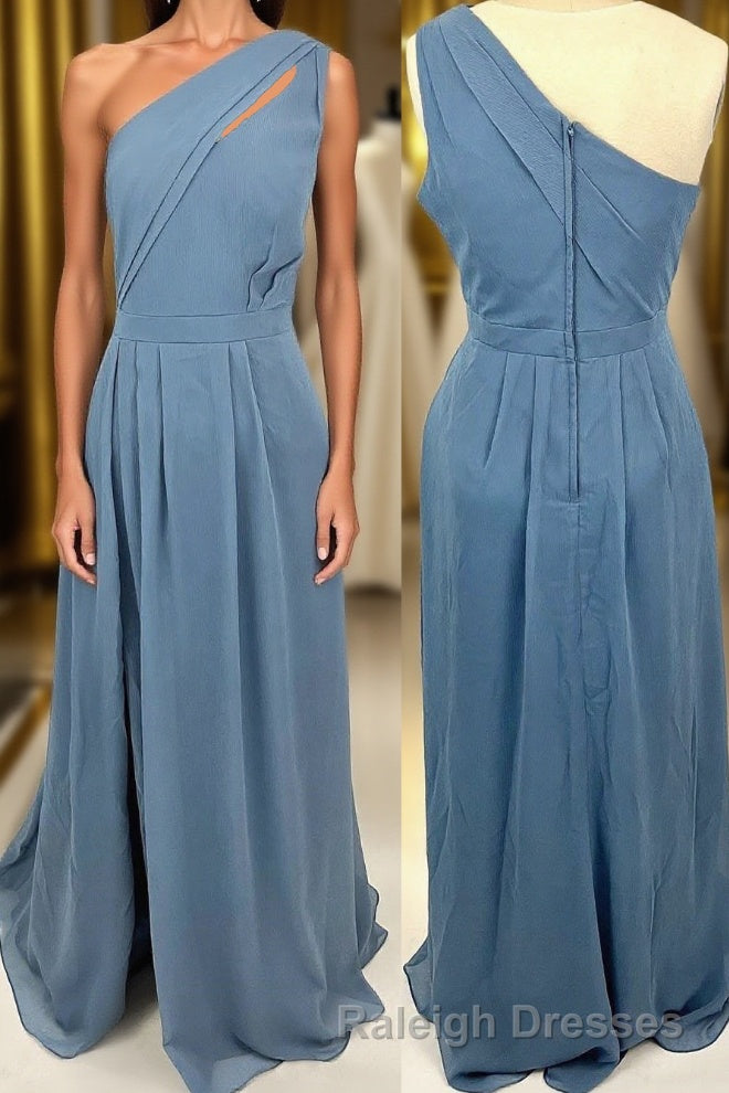 One Shoulder Misty Blue Chiffon A-line Long Bridesmaid Dress
