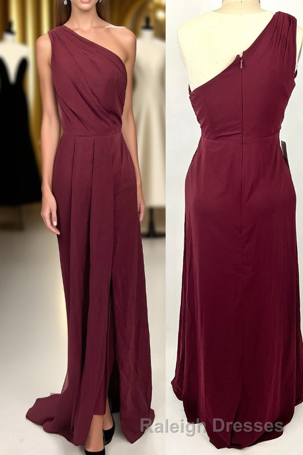 Ruched Wine Red One Shoulder A-line Long Bridesmaid Dress