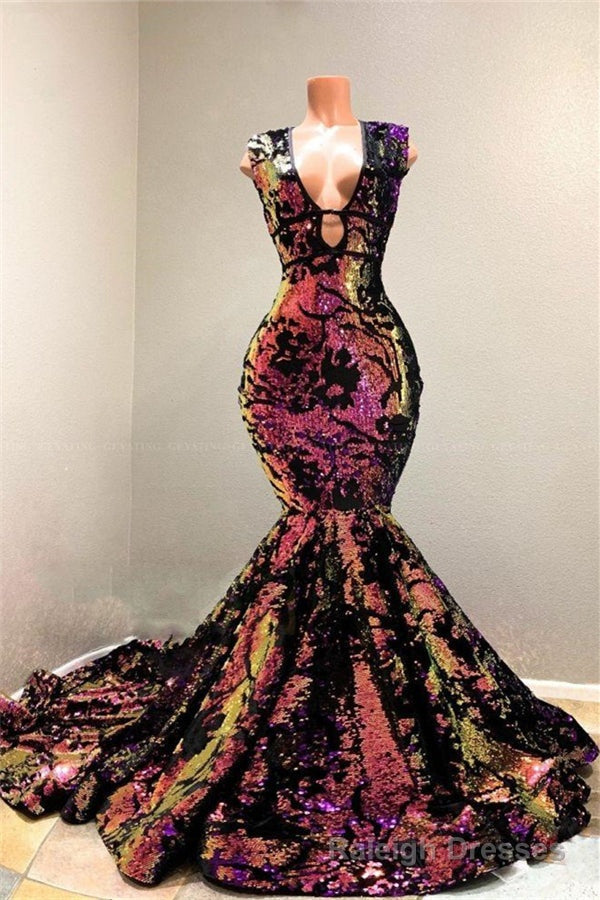 Radiant Sequins V Neck Sleeveless Court Train Mermaid Prom Dresses