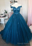 Blue Tulle Long A-Line Prom Dresses, Off the Shoulder Evening Dresses