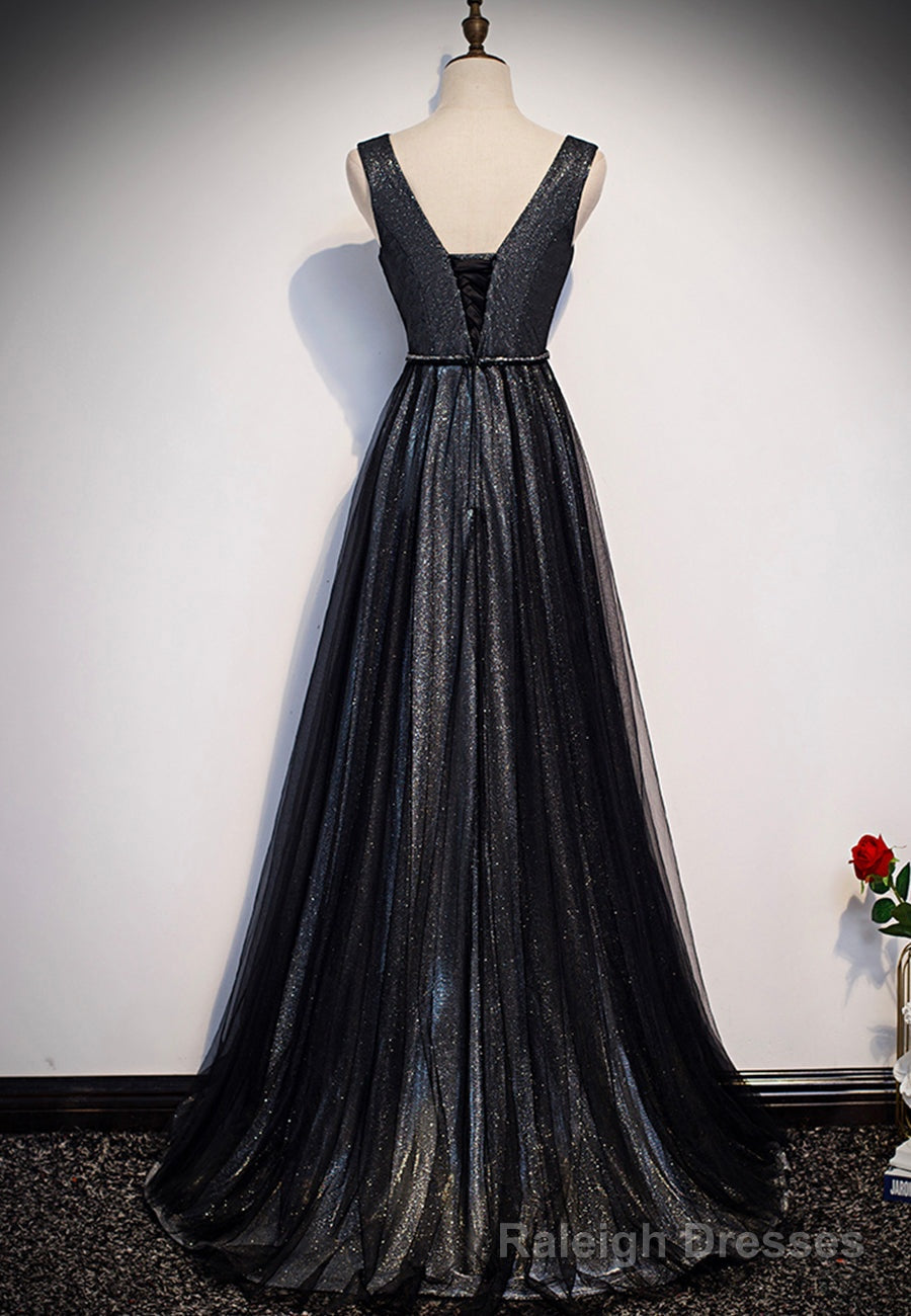 Black V-Neck Tulle Long Prom Dresses, A-Line Evening Dresses Main image
