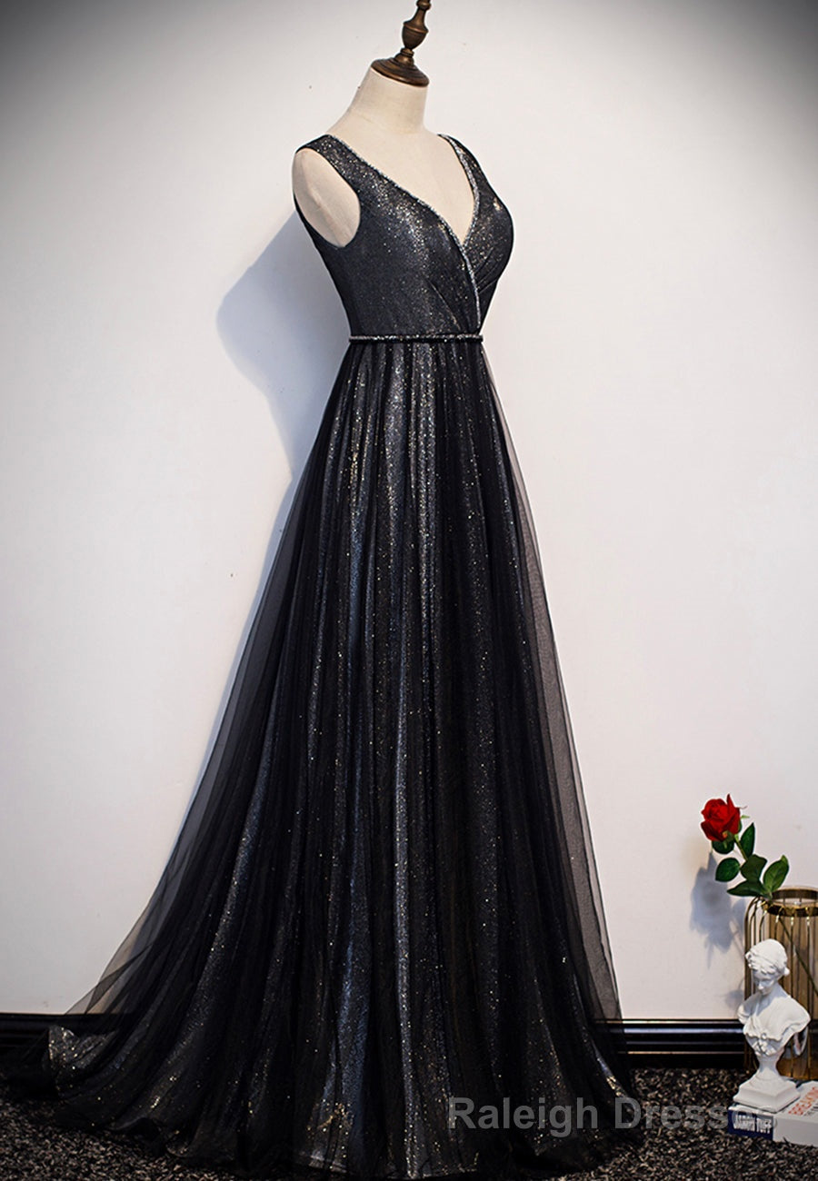 Black V-Neck Tulle Long Prom Dresses, A-Line Evening Dresses Secondary image