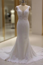 Real Long Vintage Lace Wedding Dresses Mermaid Sleeveless Bridal Gowns