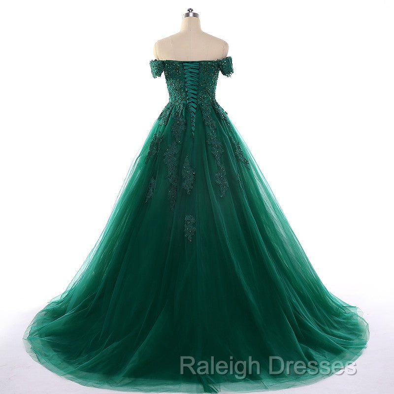 Real Off Shoulder Green Prom Dresses Beaded Appliques Emerald Quince Dress